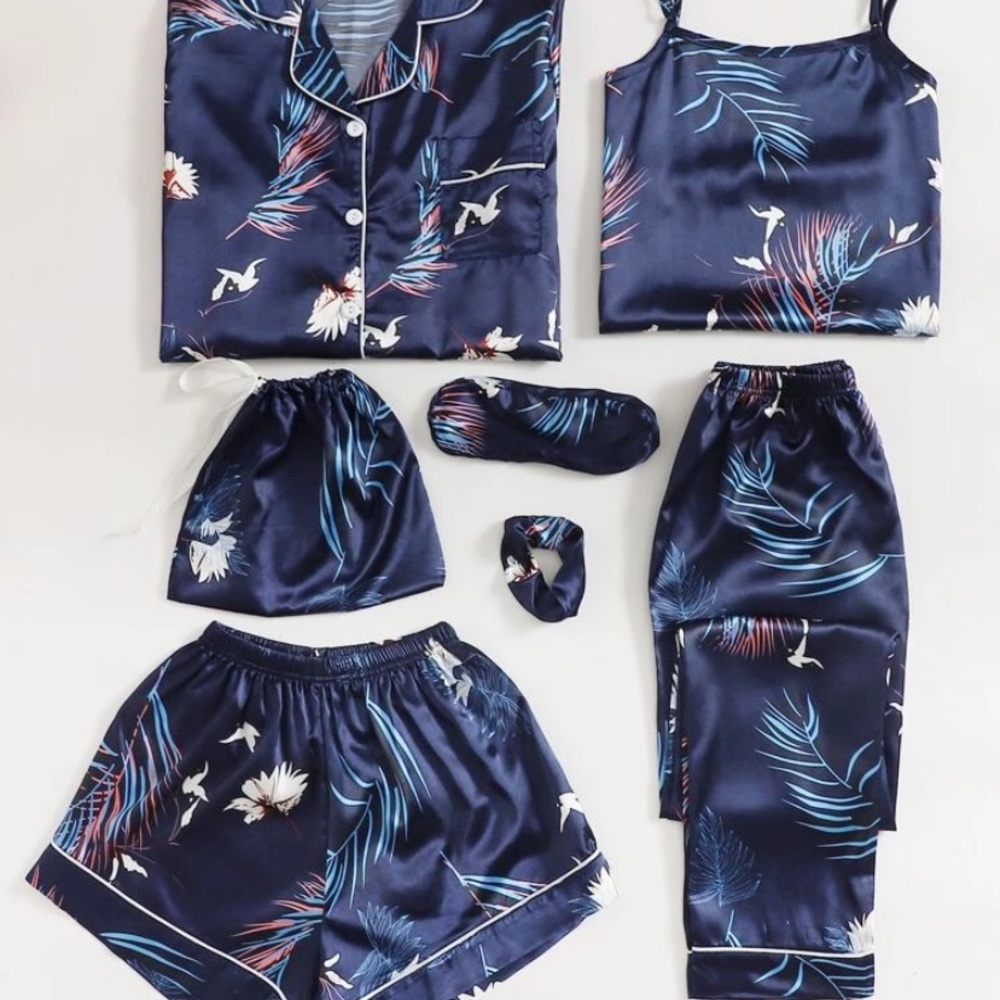 7pc Crane & Tropical print satin pj set
